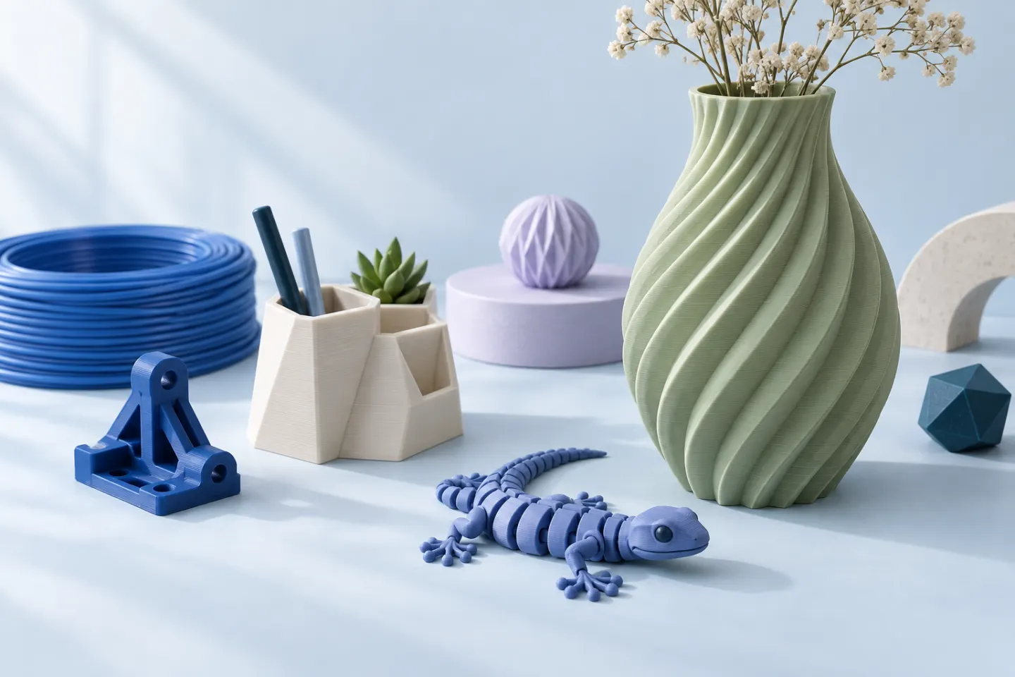 Illustration of 3D-printed objects: a ribbed vase, articulated lizard, desk organizer and mechanical bracket.
